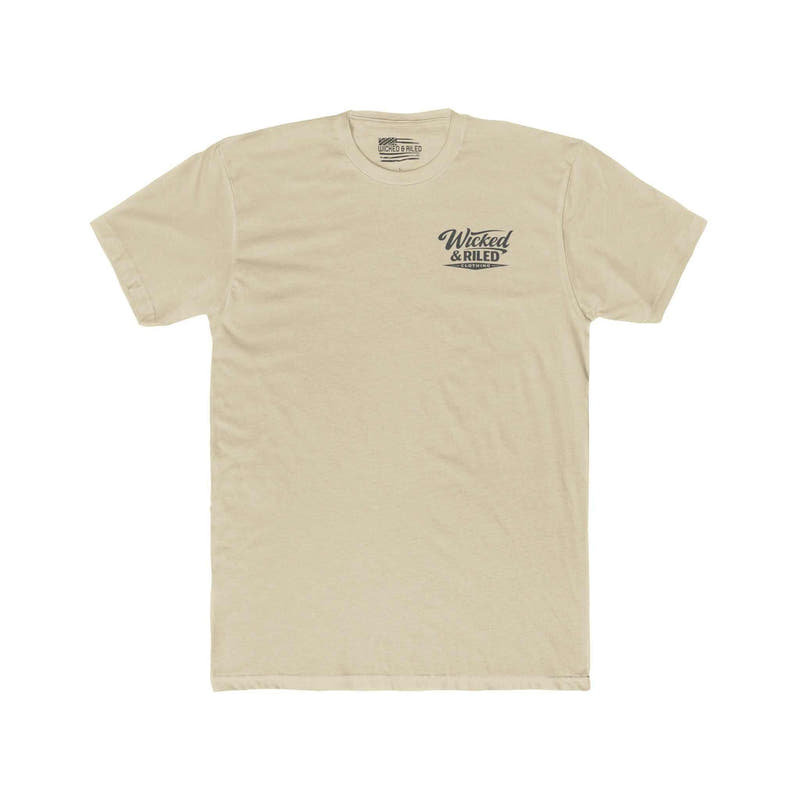 White FEAR Face Everything And Rise crew tee from Printify displayed on a wooden surface with natural lighting.