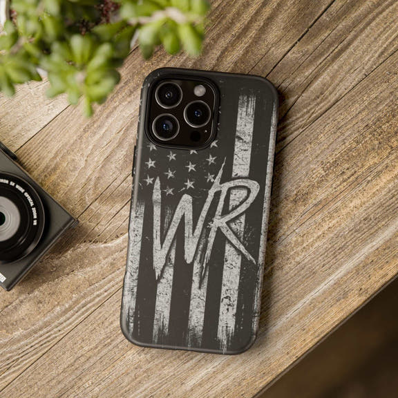 Distressed American flag design on a Patriotic Monogram Tough Phone Case featuring the initials WR by Printify.