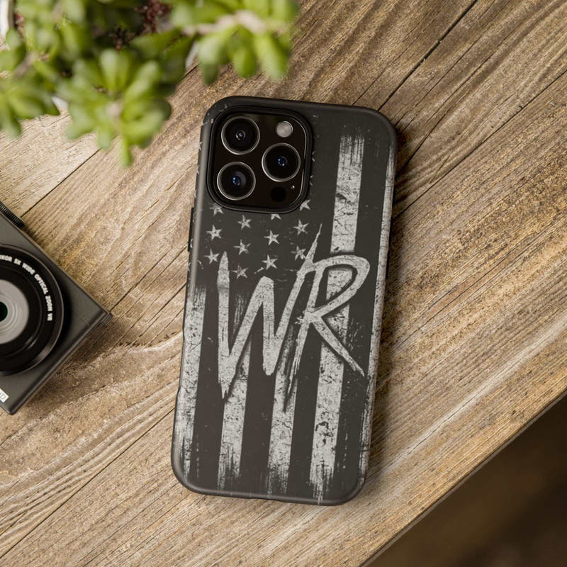 Distressed American flag design on a Patriotic Monogram Tough Phone Case featuring the initials WR by Printify.