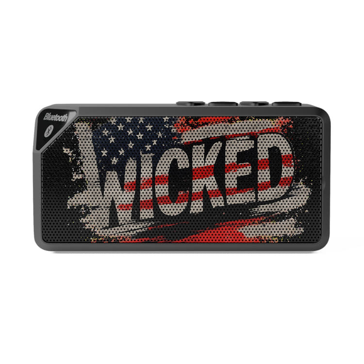 Compact Bluetooth speaker with distressed American flag grille and "WICKED" text, featuring Bluetooth 4.2 and 3W audio output