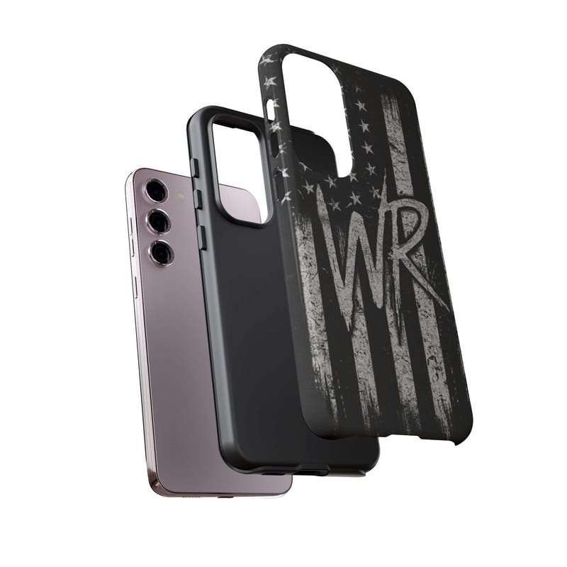 Patriotic monogram phone case featuring a distressed American flag design and the initials WR by Printify.