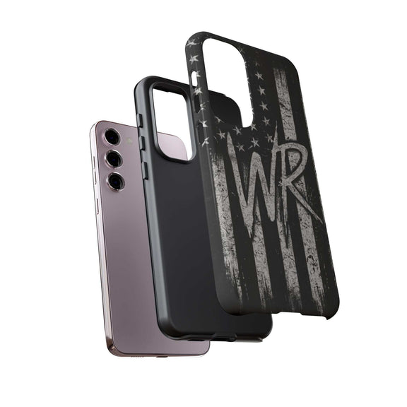 Patriotic monogram phone case featuring a distressed American flag design and the initials WR by Printify.