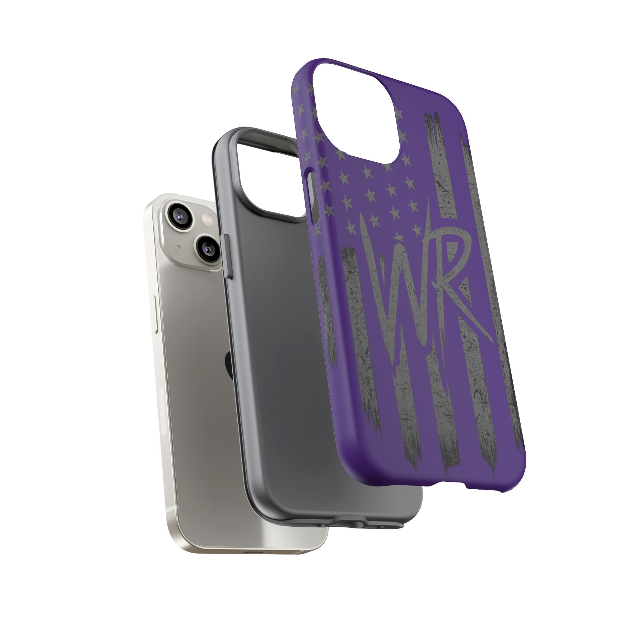 Purple 'WR' flag tough phone case by Printify, showcasing durable design and vibrant color on a smartphone.