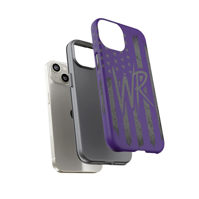 Purple 'WR' flag tough phone case by Printify, showcasing durable design and vibrant color on a smartphone.