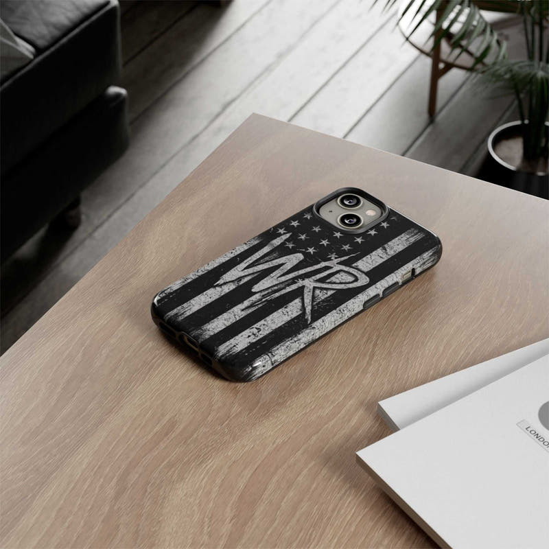Distressed American flag design on a Patriotic Monogram Tough Phone Case featuring initials WR by Printify.