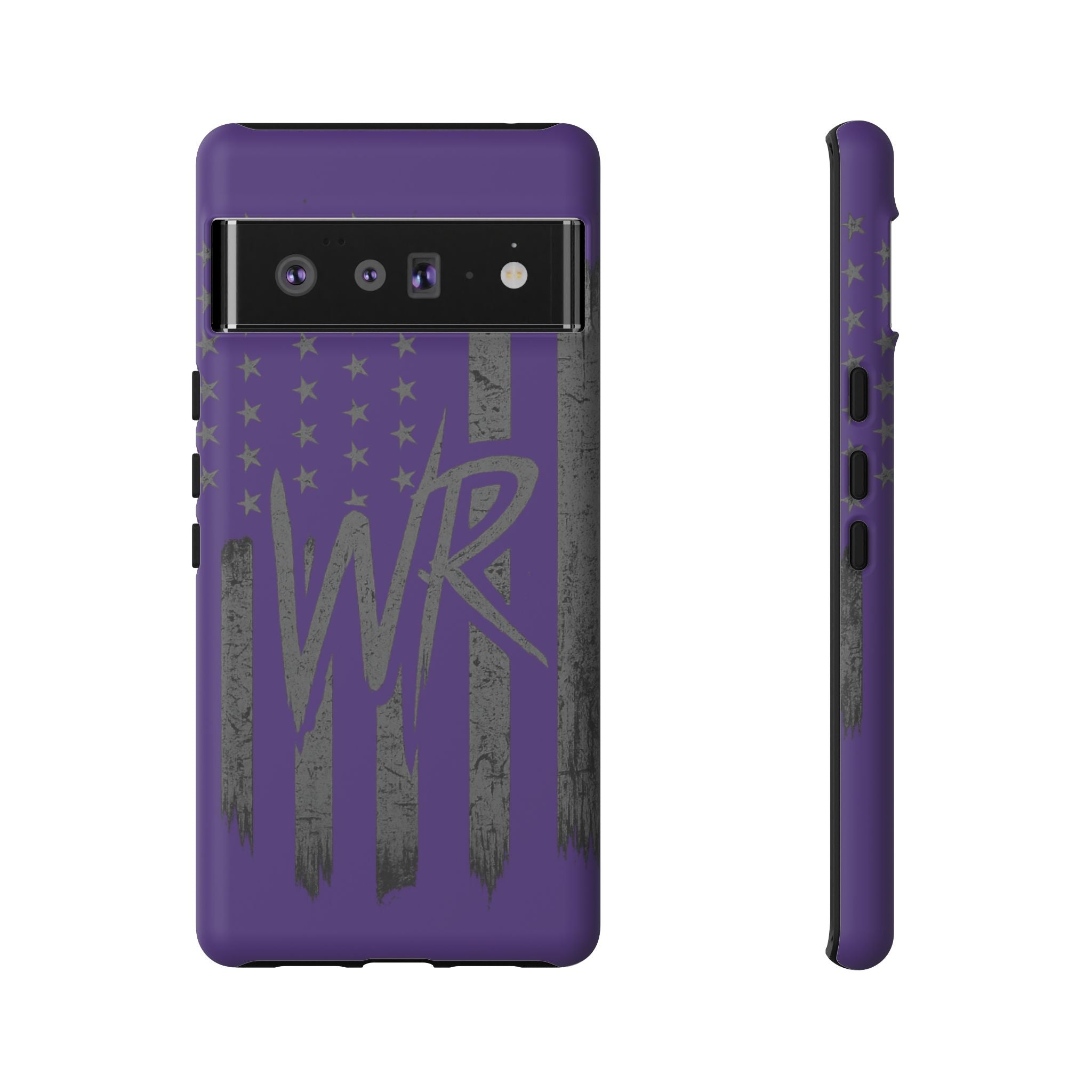 Purple 'WR' flag tough phone case by Printify, showcasing a durable design with a vibrant flag pattern.