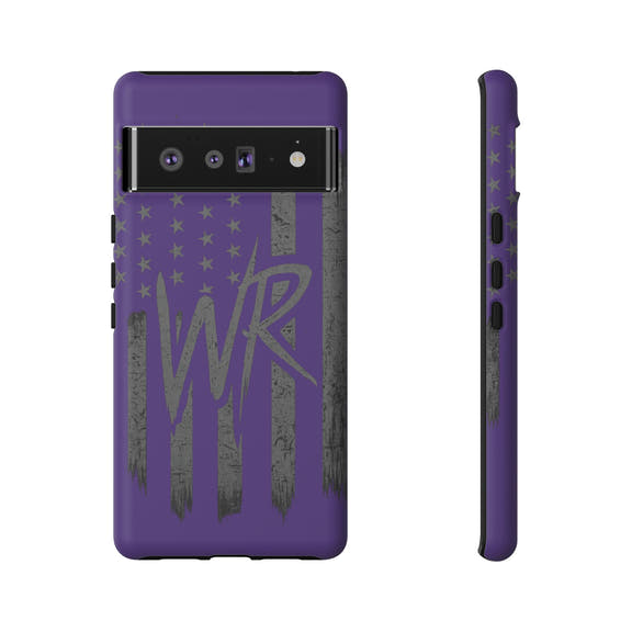 Purple 'WR' flag tough phone case by Printify, showcasing a durable design with a vibrant flag pattern.