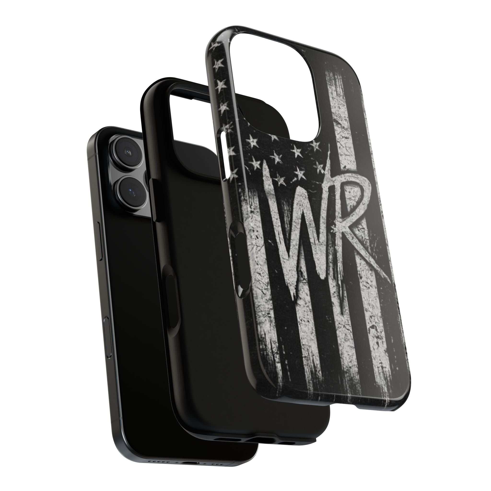 Distressed American flag design on a Patriotic Monogram Tough Phone Case featuring the letters WR by Printify.