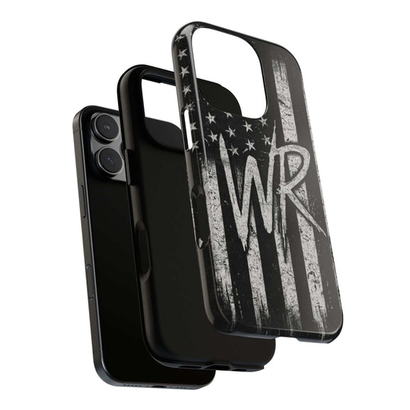 Distressed American flag design on a Patriotic Monogram Tough Phone Case featuring the letters WR by Printify.