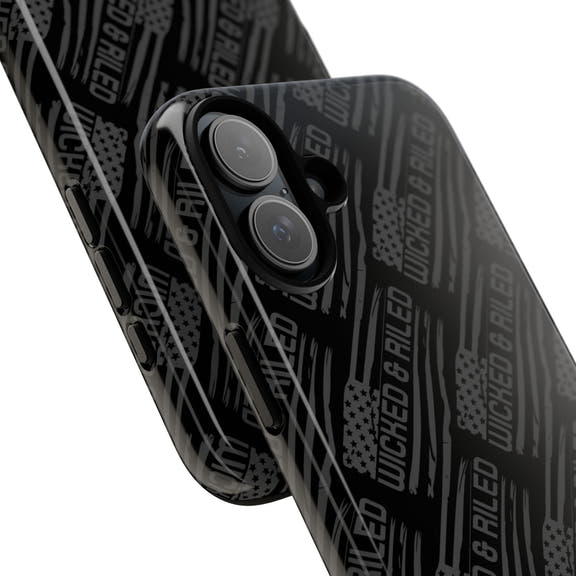 Rugged black protective phone case by Printify featuring a textured TOUGH CASES pattern.