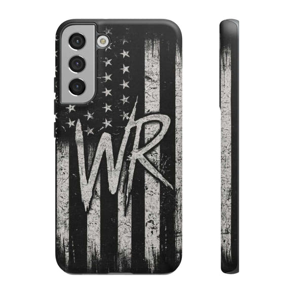 Distressed American flag design on Patriotic Monogram Tough Phone Case featuring initials WR by Printify.
