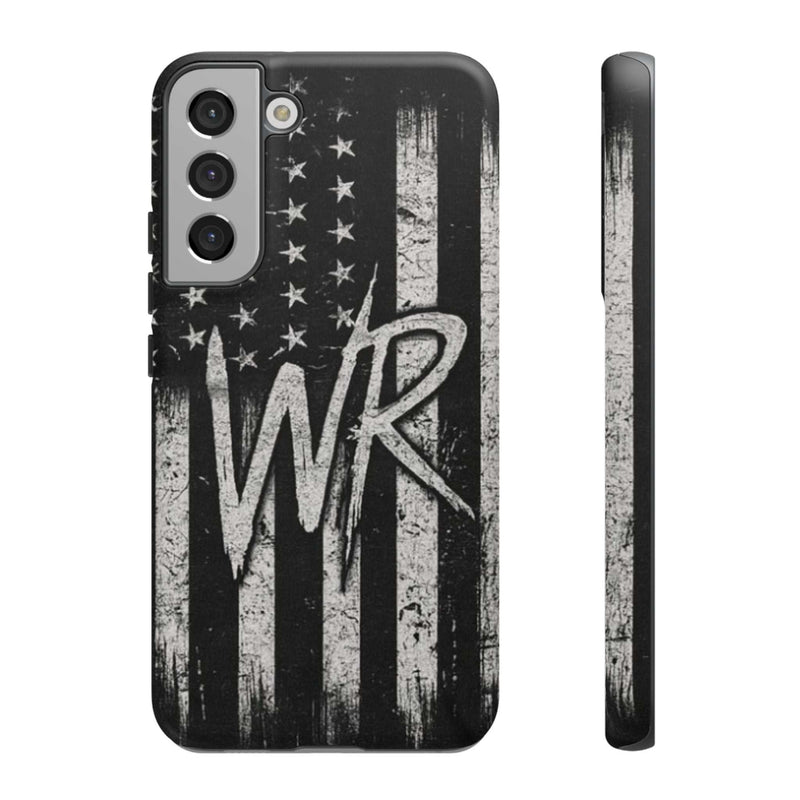 Distressed American flag design on Patriotic Monogram Tough Phone Case featuring initials WR by Printify.