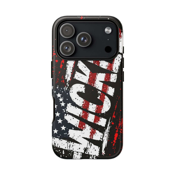 Distressed American Flag phone case with "VETERAN" graphic, offering rugged patriotic protection from Printify.