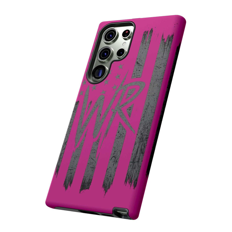 Pink 'WR' Flag Tough Phone Case by Printify showcasing durable design and vibrant flag pattern on a smartphone.