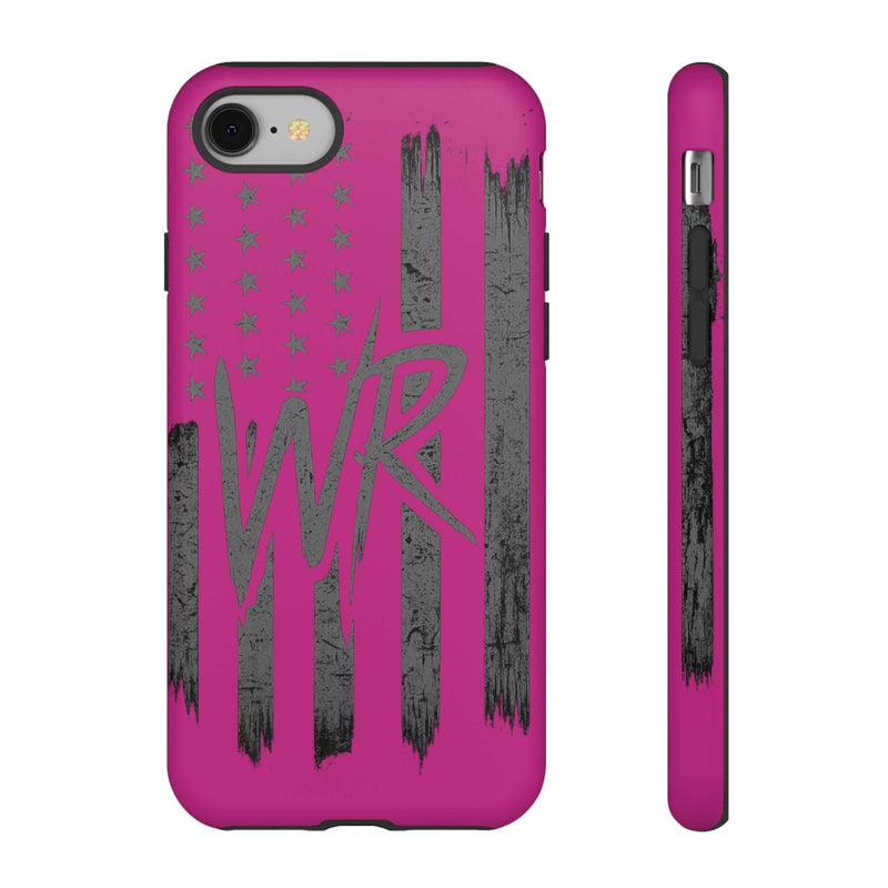 Pink 'WR' Flag Tough Phone Case by Printify showcasing durable design and vibrant flag pattern on a smartphone.