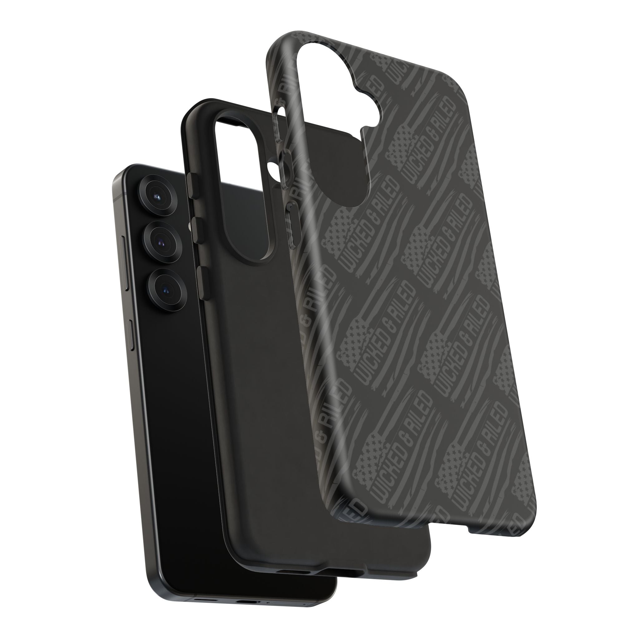 Rugged black protective phone case with "TOUGH CASES" text pattern by Printify, showcasing durability and style.