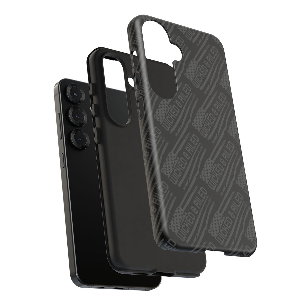 Rugged black protective phone case with "TOUGH CASES" text pattern by Printify, showcasing durability and style.