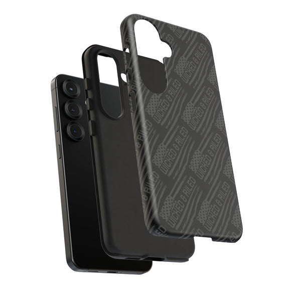 Rugged black protective phone case with "TOUGH CASES" text pattern by Printify, showcasing durability and style.