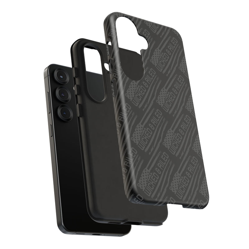 Rugged black protective phone case with "TOUGH CASES" text pattern by Printify, showcasing durability and style.