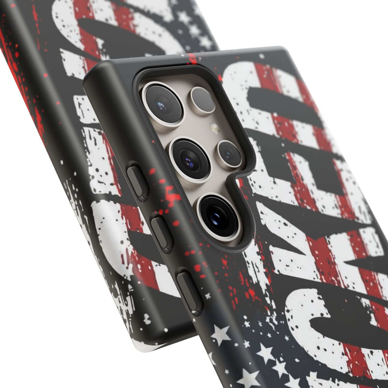 Distressed American flag phone case featuring "VETERAN" graphic, rugged protection from Printify.