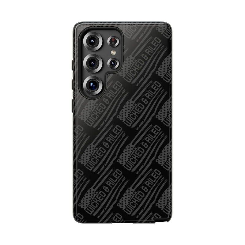 Rugged black protective phone case by Printify featuring a "TOUGH CASES" text pattern on a textured surface.