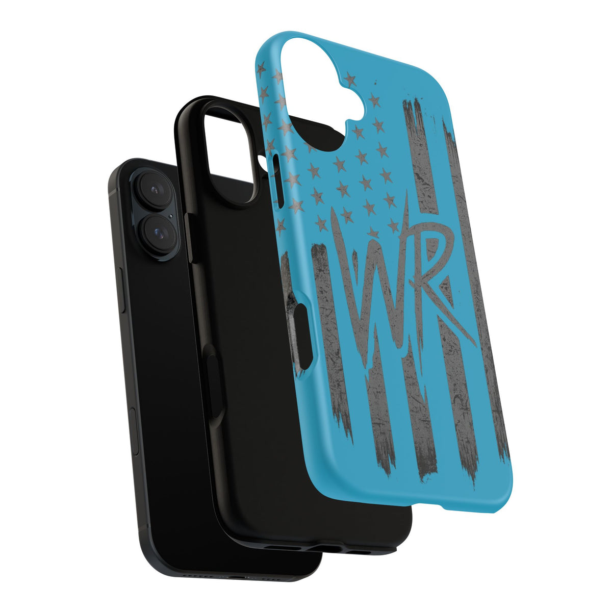 Patriotic blue 'WR' flag tough phone case by Printify with durable design and vibrant colors on a smartphone.