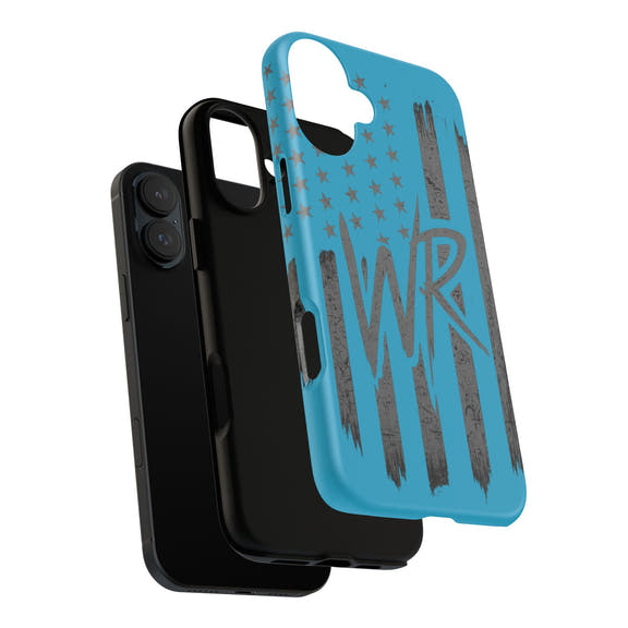 Patriotic blue 'WR' flag tough phone case by Printify with durable design and vibrant colors on a smartphone.