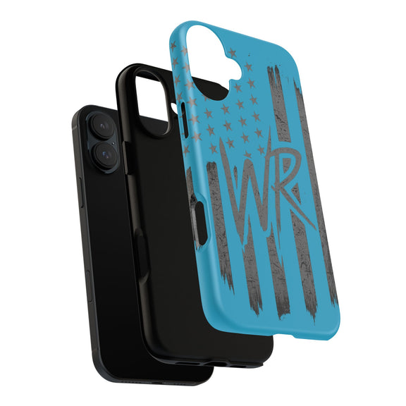 Patriotic blue 'WR' flag tough phone case by Printify with durable design and vibrant colors on a smartphone.