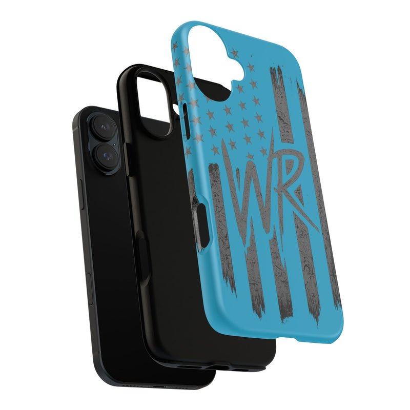 Patriotic blue 'WR' flag tough phone case by Printify with durable design and vibrant colors on a smartphone.
