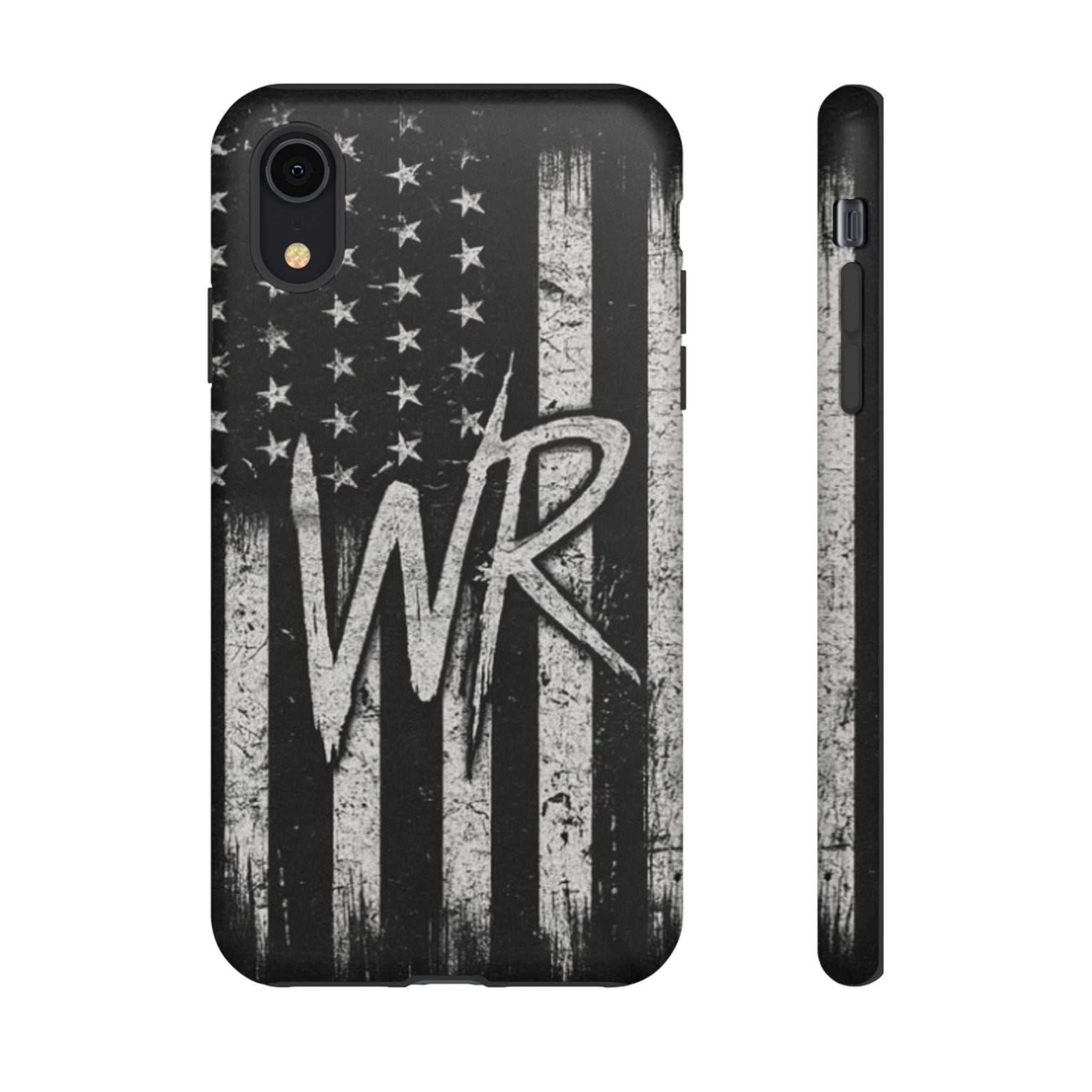 Distressed American flag design on a Patriotic Monogram Tough Phone Case featuring the initials WR by Printify.