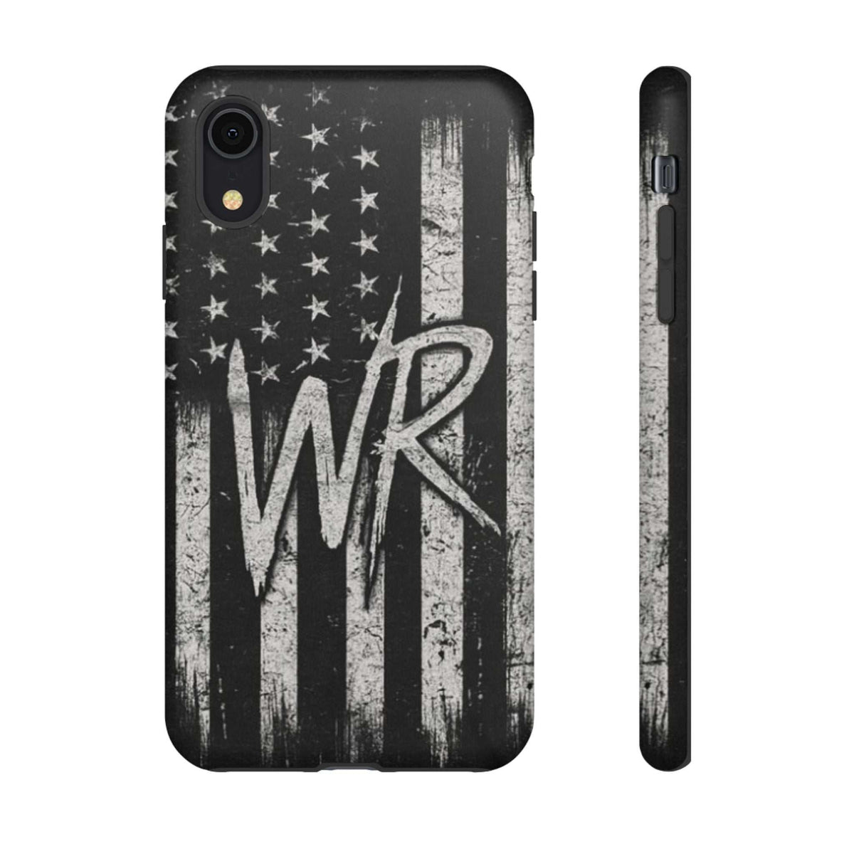 Distressed American flag design on a Patriotic Monogram Tough Phone Case featuring the initials WR by Printify.
