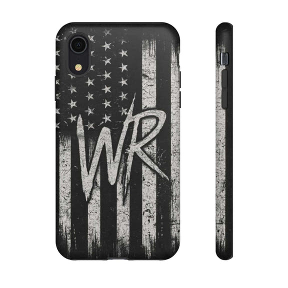 Distressed American flag design on a Patriotic Monogram Tough Phone Case featuring the initials WR by Printify.