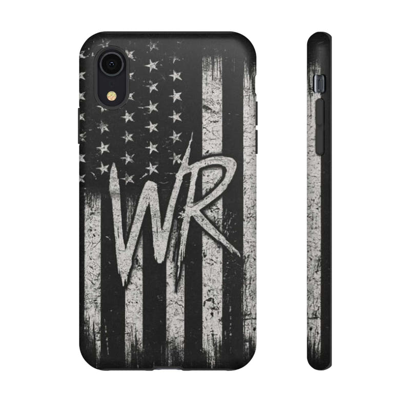 Distressed American flag design on a Patriotic Monogram Tough Phone Case featuring the initials WR by Printify.