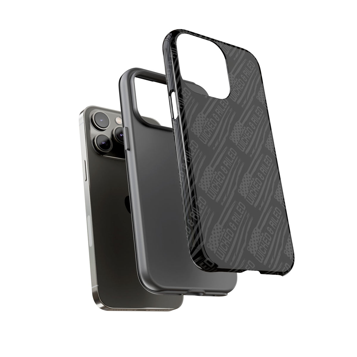 Rugged black protective phone case by Printify with a textured "TOUGH CASES" pattern for added grip and durability.
