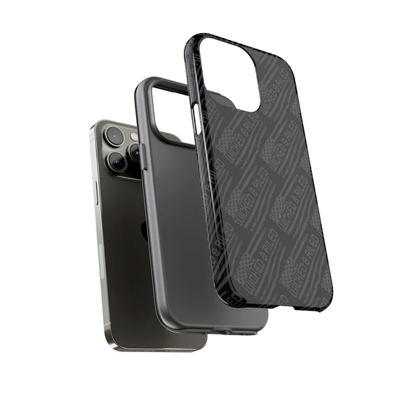 Rugged black protective phone case by Printify with a textured "TOUGH CASES" pattern for added grip and durability.
