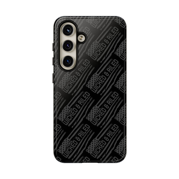 Rugged black protective phone case by Printify featuring a textured "TOUGH CASES" pattern for added grip and durability.