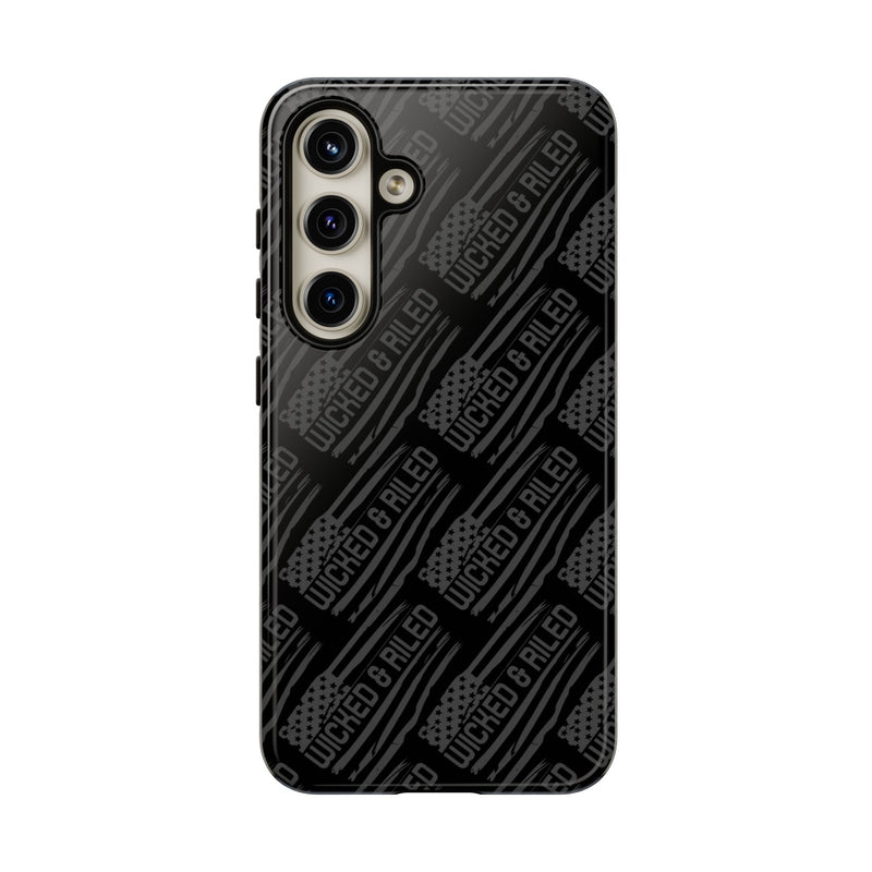 Rugged black protective phone case by Printify featuring a textured "TOUGH CASES" pattern for added grip and durability.