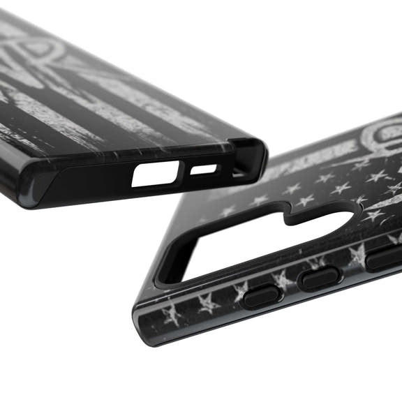 Distressed American flag design on a Patriotic Monogram Tough Phone Case featuring the initials WR by Printify.