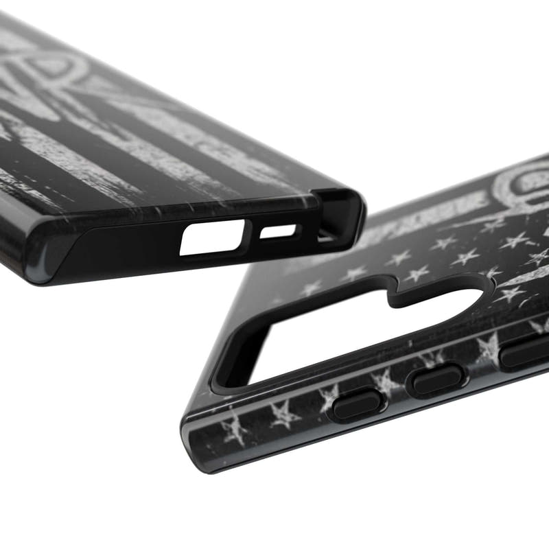 Distressed American flag design on a Patriotic Monogram Tough Phone Case featuring the initials WR by Printify.