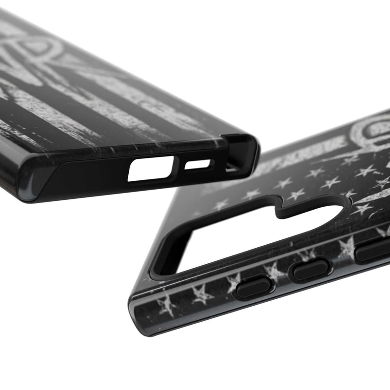 Distressed American flag design on a Patriotic Monogram Tough Phone Case featuring the initials WR by Printify.