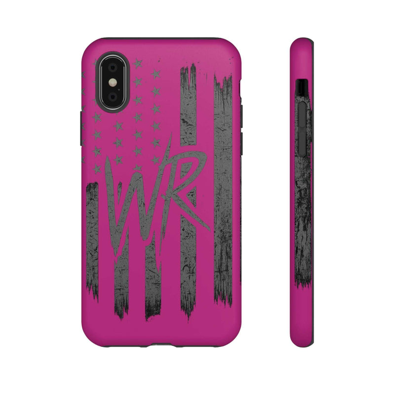 Pink 'WR' Flag Tough Phone Case by Printify, featuring a durable design with a vibrant flag pattern.