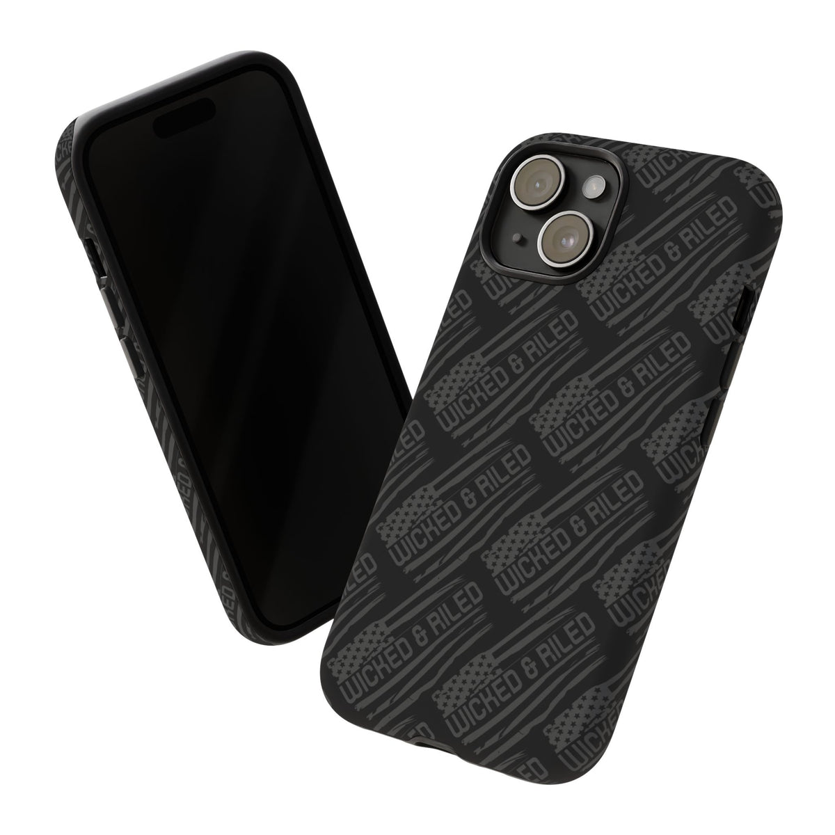 Rugged black protective phone case by Printify with a textured TOUGH CASES pattern for enhanced grip and durability.