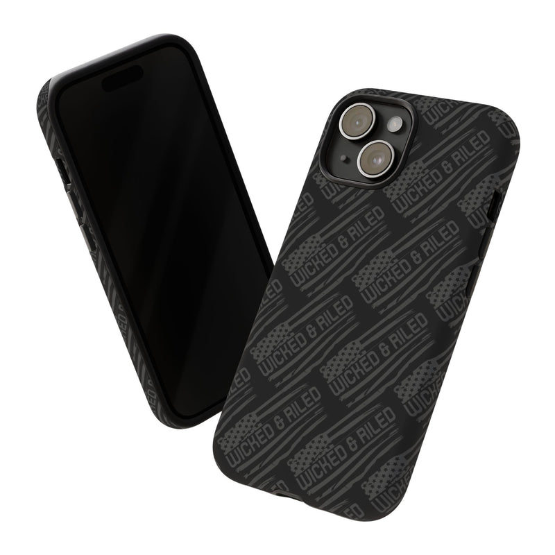 Rugged black protective phone case by Printify with a textured TOUGH CASES pattern for enhanced grip and durability.