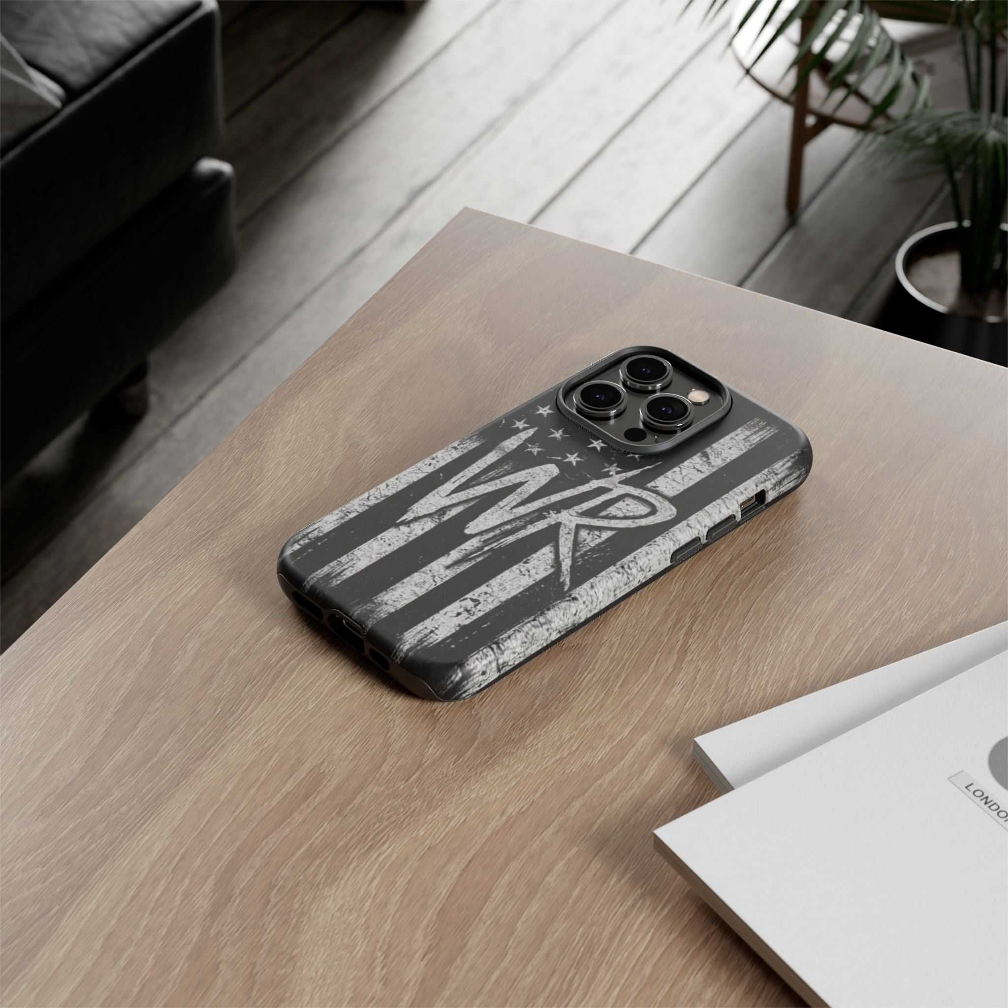 Distressed American flag phone case with patriotic monogram WR, designed by Printify for tough protection.