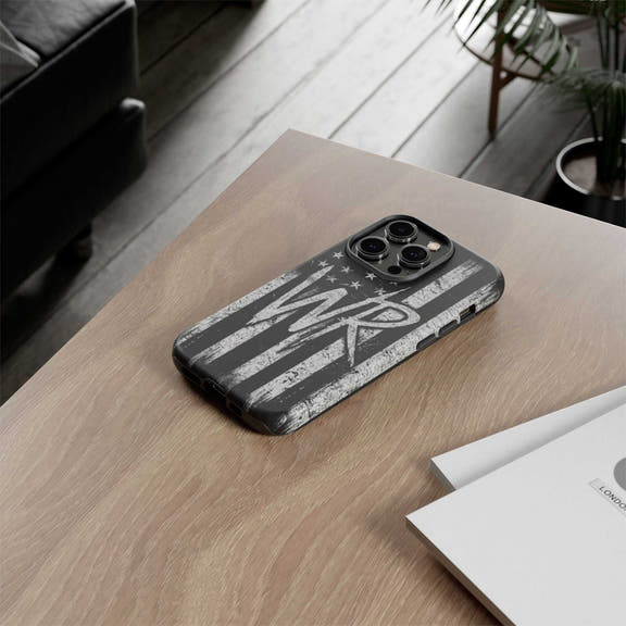 Distressed American flag phone case with patriotic monogram WR, designed by Printify for tough protection.