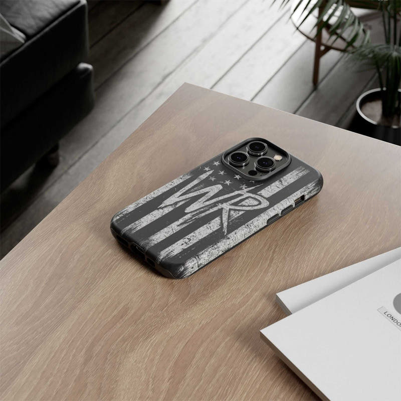 Distressed American flag phone case with patriotic monogram WR, designed by Printify for tough protection.
