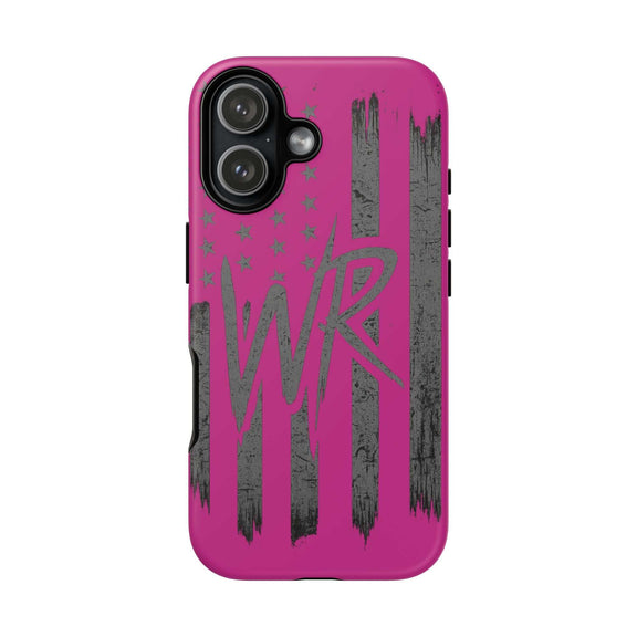 Pink 'WR' Flag Tough Phone Case by Printify, showcasing a durable design with a vibrant flag pattern.
