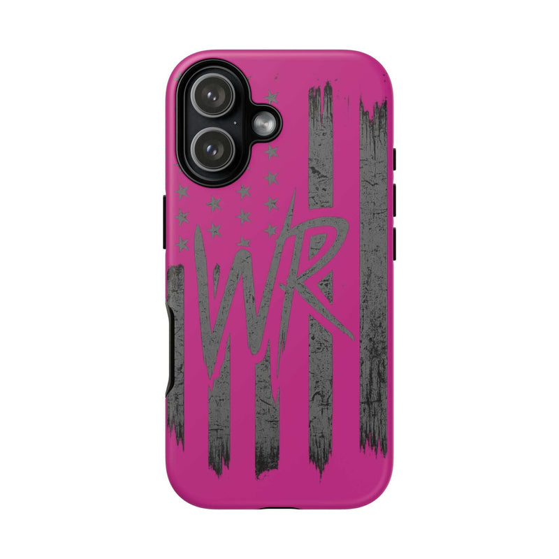 Pink 'WR' Flag Tough Phone Case by Printify, showcasing a durable design with a vibrant flag pattern.