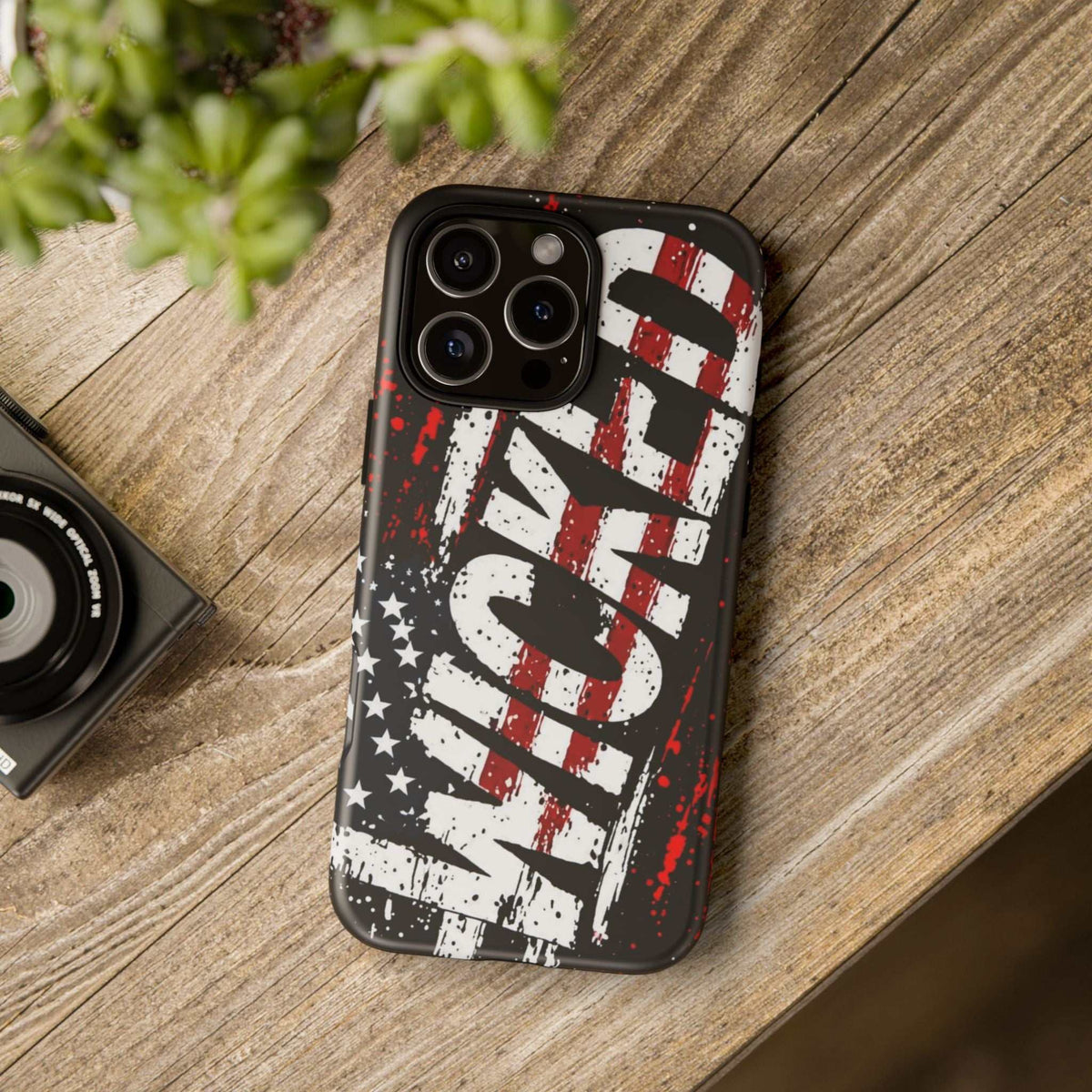 Distressed American flag phone case with "VETERAN" graphic by Printify, showcasing rugged patriotic protection design.