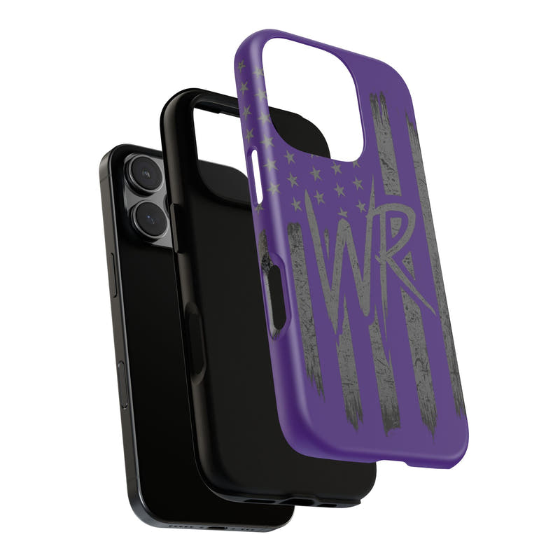 Purple 'WR' flag tough phone case by Printify, showcasing durable material and vibrant design for protection and style.